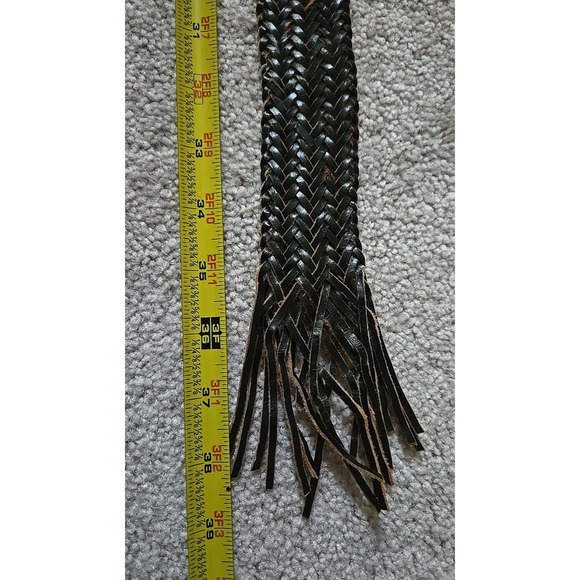 Women's Wide Braided Leather Belt Etched Silver Tone Buckle Woven Fringe - Picture 8 of 8